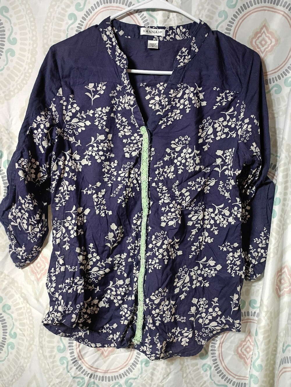 Hannah Navy and White Floral Tunic with Mint Trim